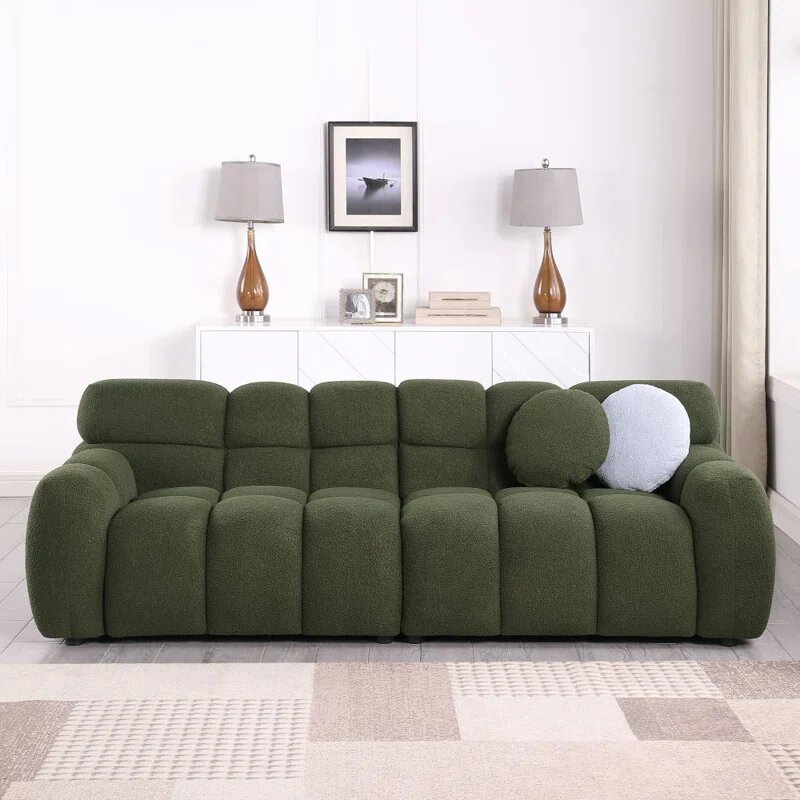 Olive Green Boucle Fabric Cloud Sofa Image 1