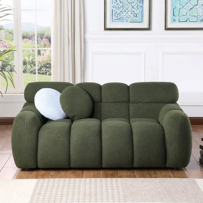 Olive Green Boucle Fabric Cloud Loveseat Image 2