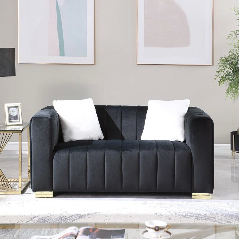 62 Inch Black Velvet Loveseat Image 1