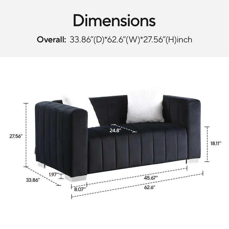 62 Inch Black Velvet Loveseat Image 3