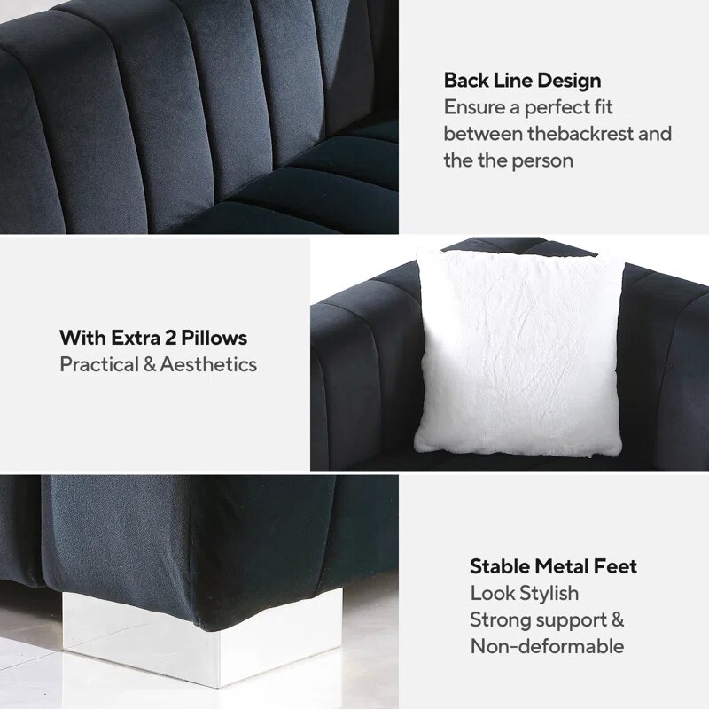 62 Inch Black Velvet Loveseat Image 7