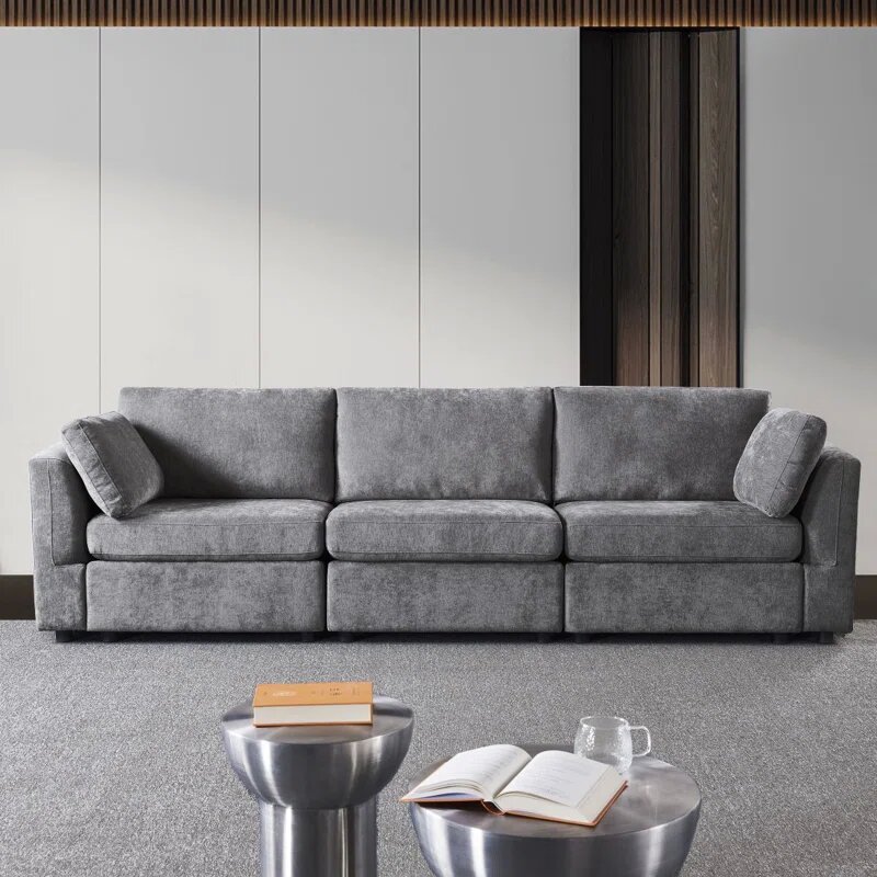 113 inch Gray Upholstered Settee Image 2