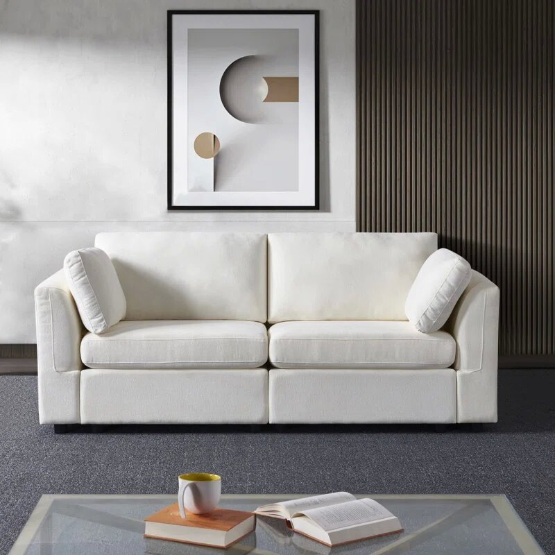 Beige Chenille Fabric Upholstered Sofa Image 1